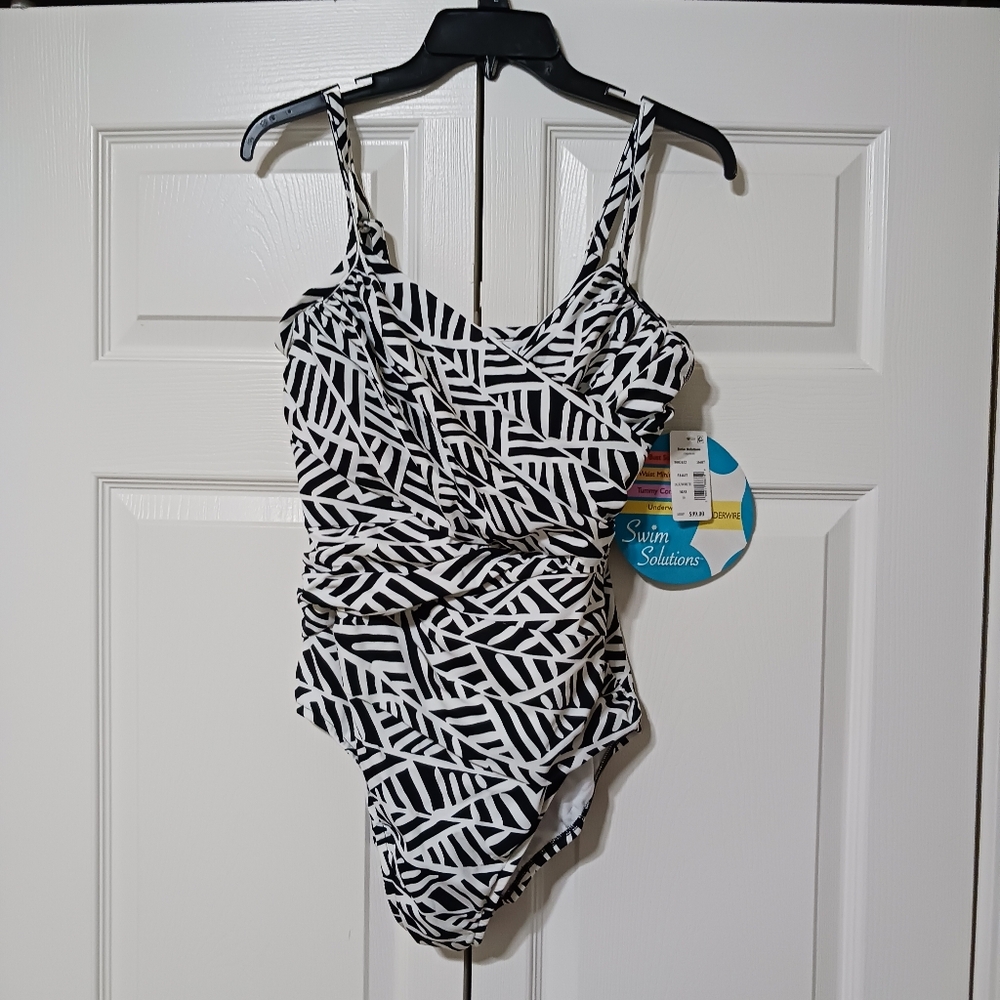 NWT Swim Solutions Underwire Surplice One Piece Tummy Control Black White Sz 16